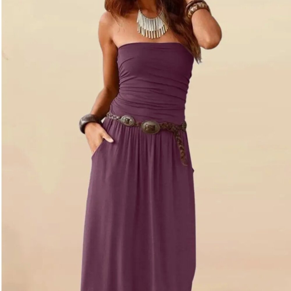 High Waisted Sleeveless Breathable Solid Color Strapless Maxi Dress